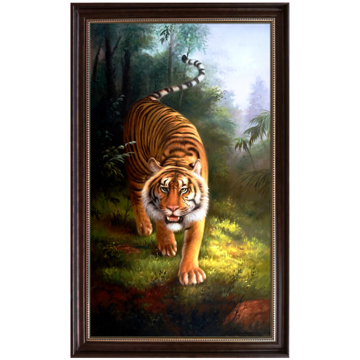 手绘下山虎装饰画进门玄关油画客厅过道背景墙镇宅老虎挂画1米2米