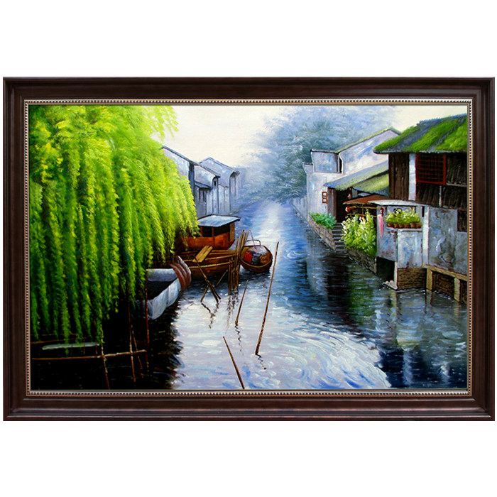 手绘古韵水乡装饰画中式客厅沙发背景墙江南风情水乡绿色柳树油画