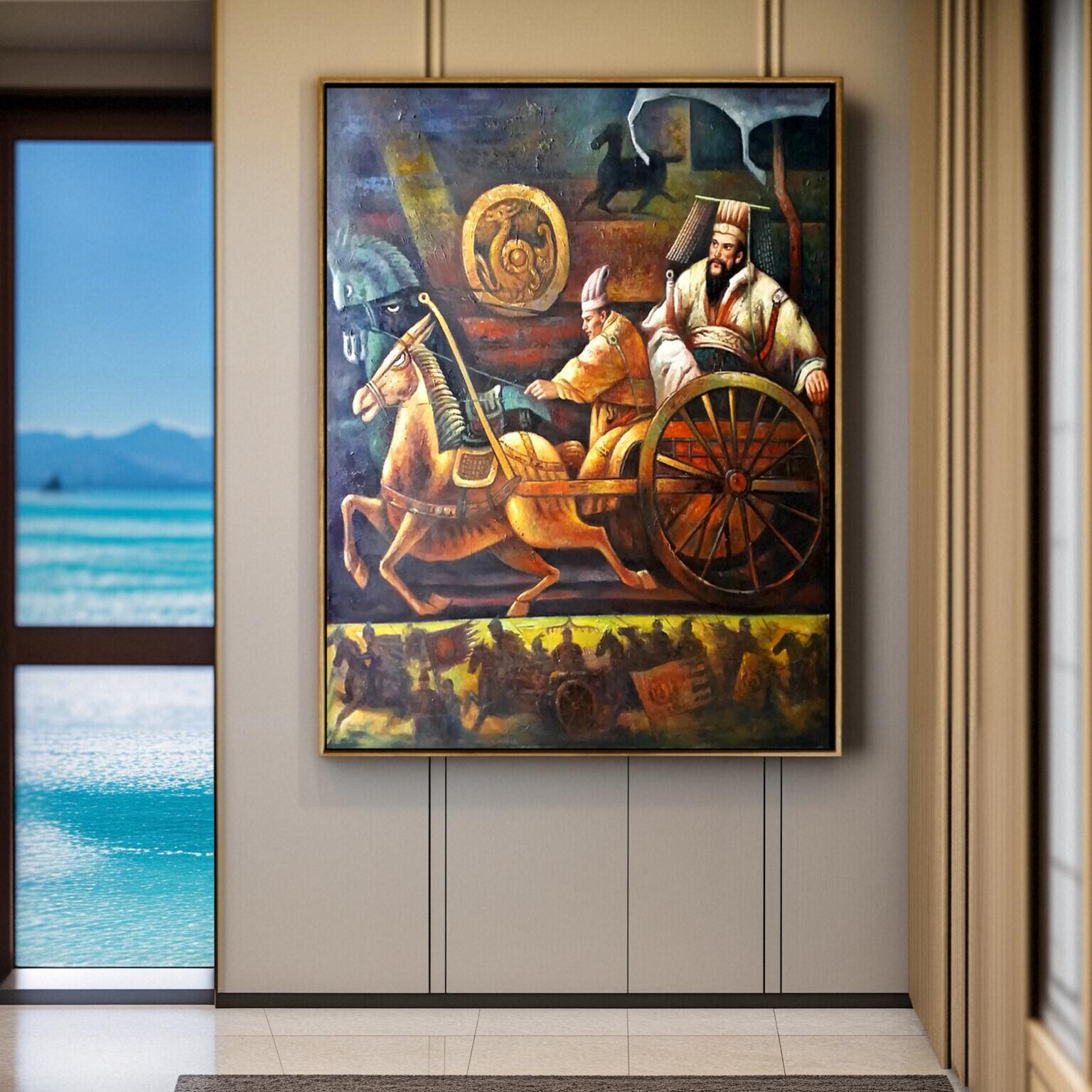 纯手绘秦始皇装饰画兵马俑马车油画简约玄关会所办公室背景墙壁画图片