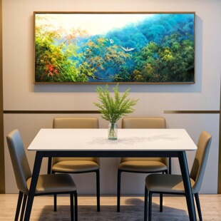 手绘青山绿树装饰画卧室床头墙加长版壁画简约框配画风景白鹭油画
