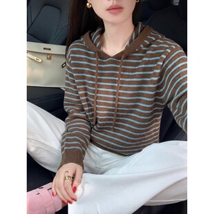 慵懒风宽松软糯条纹连帽针织衫卫衣女秋冬松弛感穿搭毛衣外套上衣