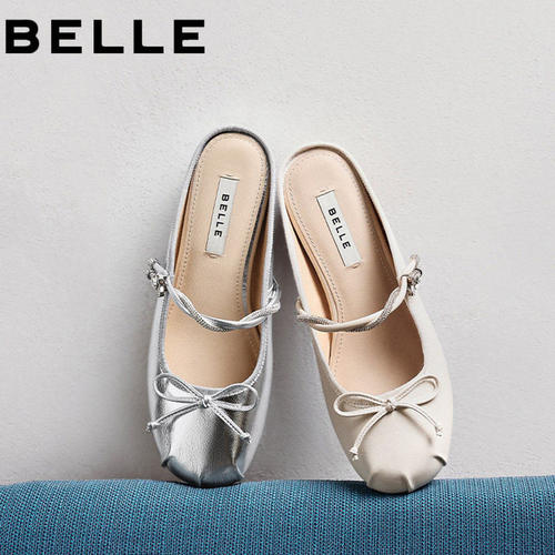 百丽软底水钻蝴蝶结内增高穆勒鞋