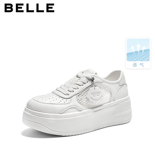 百丽女款透气网面厚底运动小白鞋