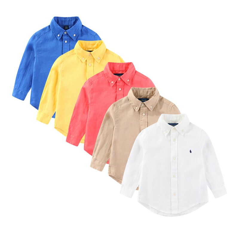 RL075男女童翻领亚麻小马衬衣 中大童可亲子纯色休闲衬衫