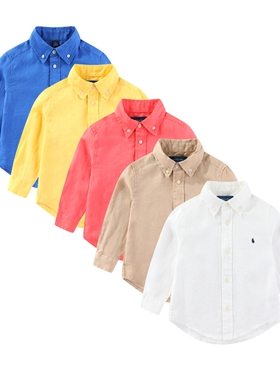RL075男女童翻领亚麻小马衬衣 中大童可亲子纯色休闲衬衫