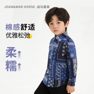 战马童装JW007男女童腰果花衬衣数码印花男女通用棉质翻领复古风