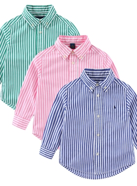 RL068男女童小马标条纹高织棉衬衣 中大童可亲子休闲翻领