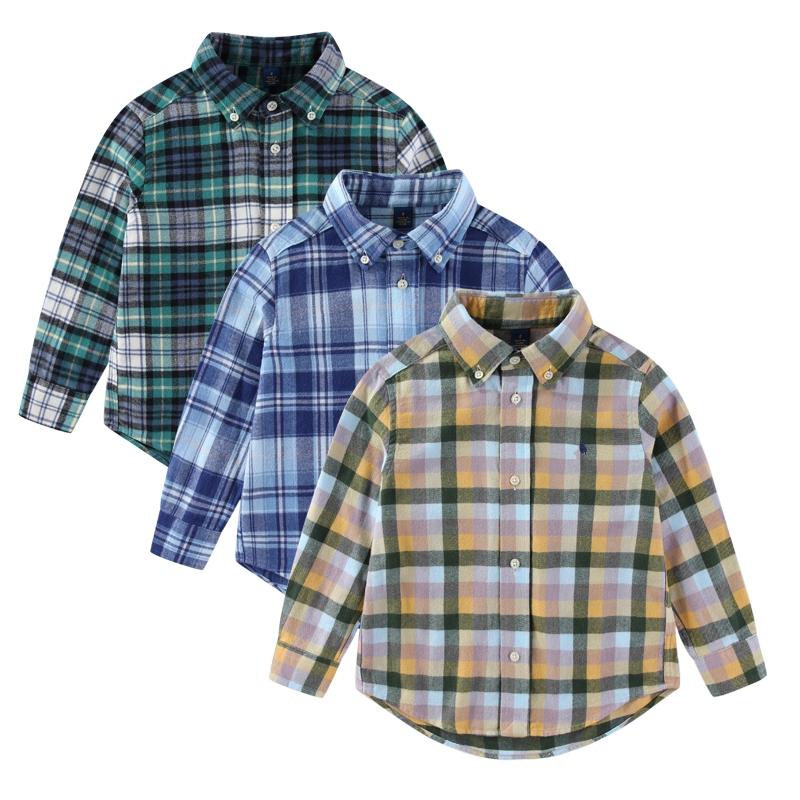 RL067男女童春秋磨毛格子纯棉长袖衬衣儿童衬衫