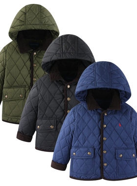 RL154经典菱形格薄棉服 男女童秋冬薄软轻便舒适小马有帽开衫