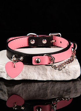 puppy真皮爱心牌黑粉白拼色项圈牛皮choker女M颈圈K9颈饰刻字定制