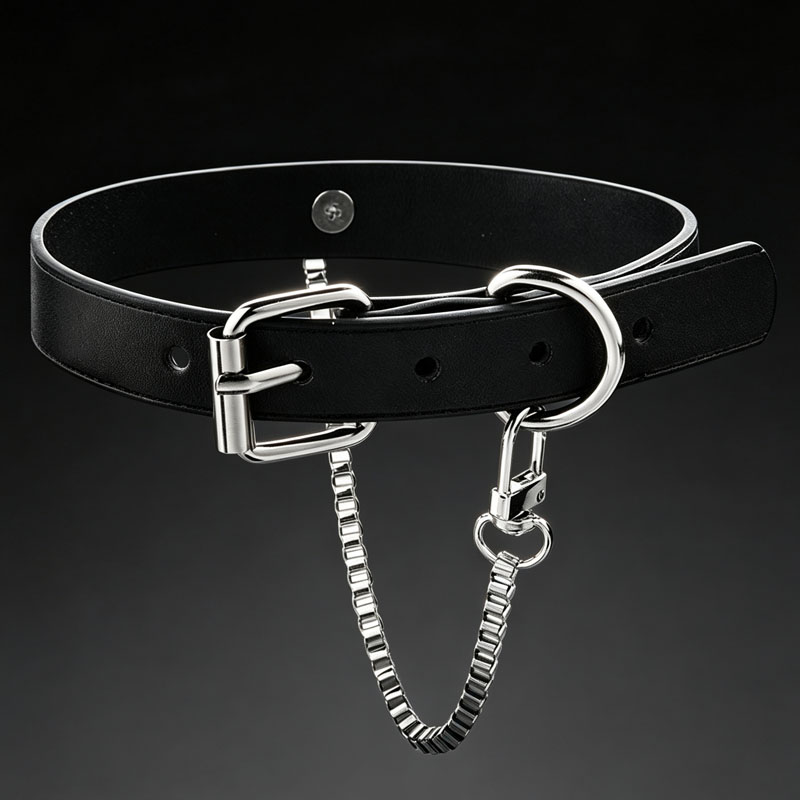 【甜束】美式街头风大圆环针扣黑皮锁骨项圈带侧链通勤配饰choker