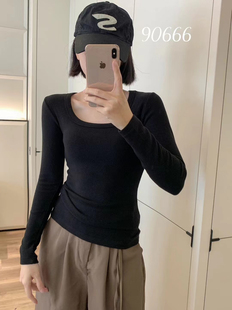白色方领长袖t恤女修身洋气体恤短款上衣百搭黑色打底衫90666