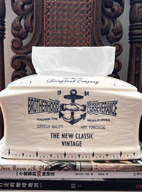 livingbank中古陶瓷船锚纸巾盒美式复古风蓝陶INS抽纸盒小众设计