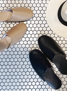 LIVINGBANK小羊皮拖鞋情侣家居拖鞋北欧风黑色真皮防滑木地板拖鞋