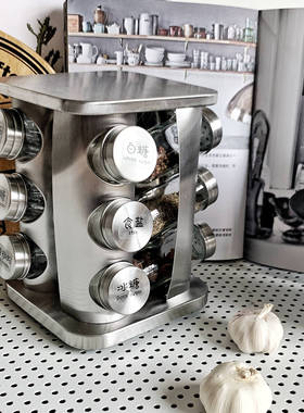 新品！旋转英文调料瓶收纳架 北欧风不锈钢调味罐厨房用品套组