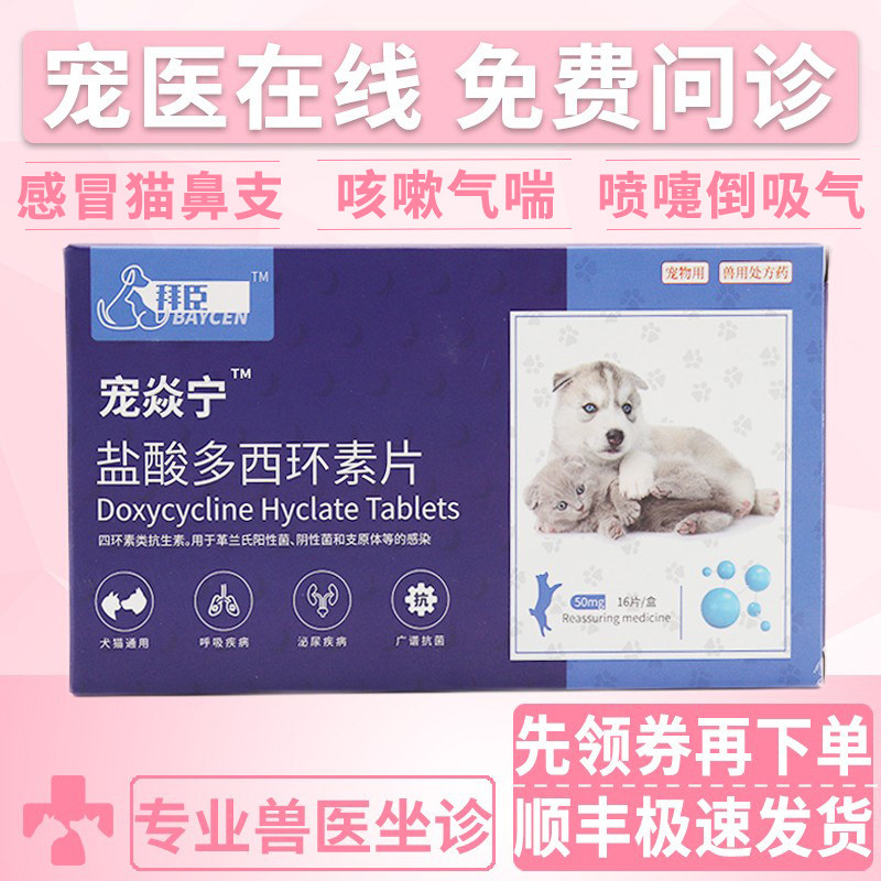 拜臣宠焱宁盐酸多西环素片宠物感冒猫鼻支狗狗犬瘟窝咳支气管炎