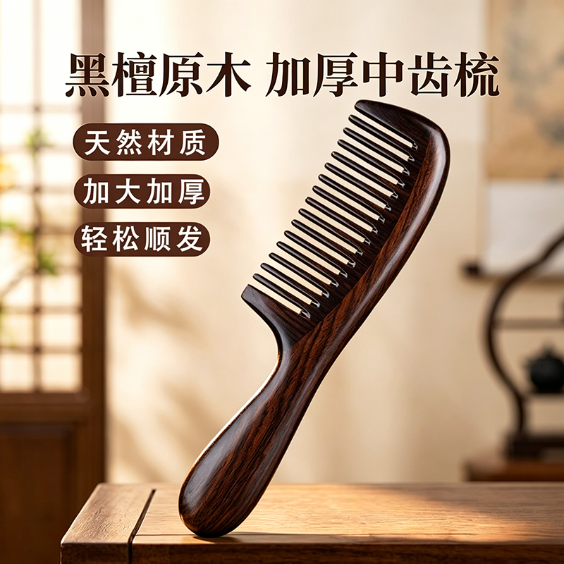 正宗天然黑檀木宽齿静电按摩梳