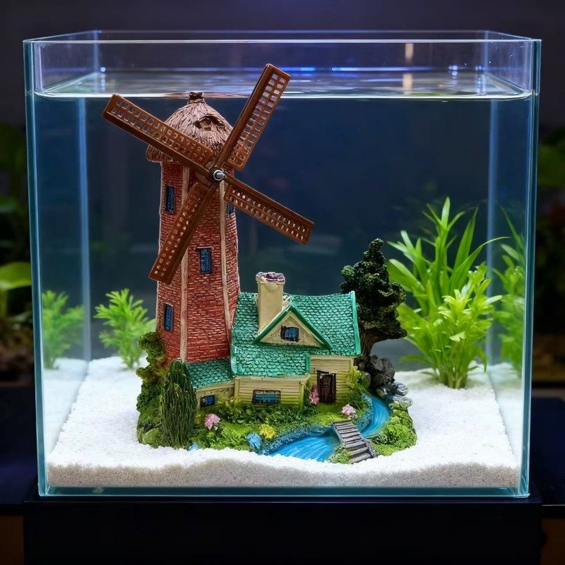 荷兰风车小屋鱼缸树脂造景摆件 连接氧气泵出气泡增氧欧式装饰