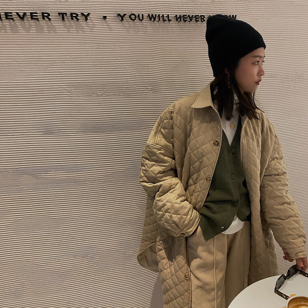 廓形菱格衬衫宽松显瘦中长款棉服