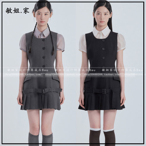 敏姐26夏韩国设计师品牌mausoleum 新款7月单排扣褶皱无袖连衣裙