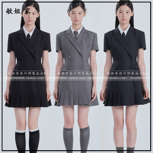 26夏韩国设计师品牌mausoleum新款7月双排扣褶皱西装领连衣裙
