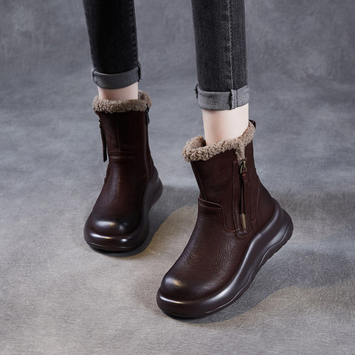 厚底真皮雪地靴女加绒加厚保暖东北棉靴2025冬季真皮舒适中筒靴子