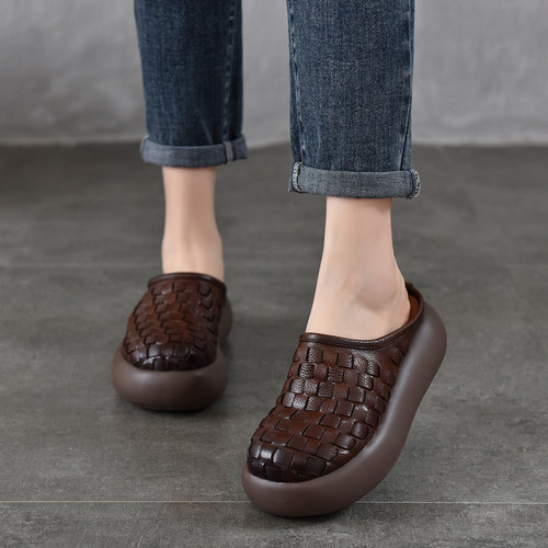 真皮手工包头厚底拖鞋女轻便拖鞋