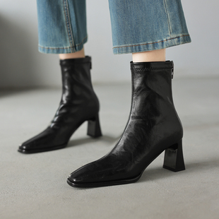 ins强推自留 简约方头羊皮粗跟马丁靴真皮高跟百搭短靴 巨舒服