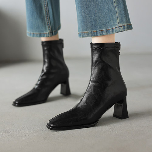 羊皮粗跟马丁靴真皮高跟百搭短靴