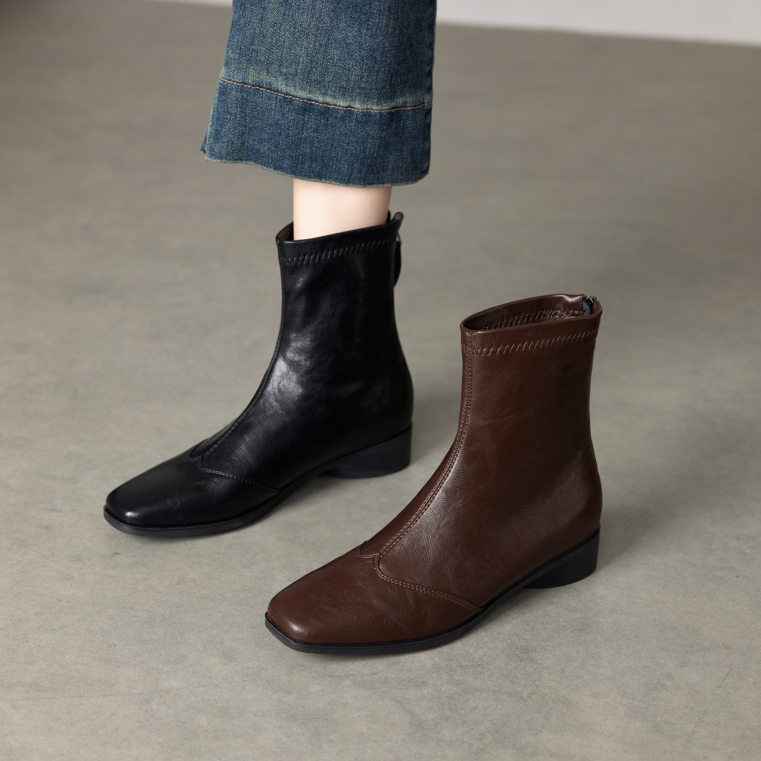 小羊皮复古粗跟百搭弹力瘦瘦靴女