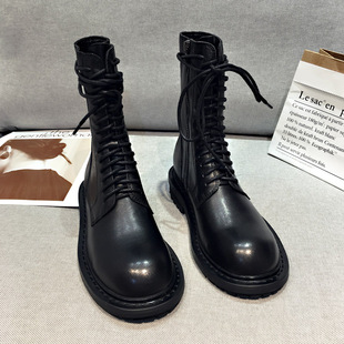 2025秋冬新款 平底女短靴真皮英伦复古Ann马丁靴系带机车靴女靴