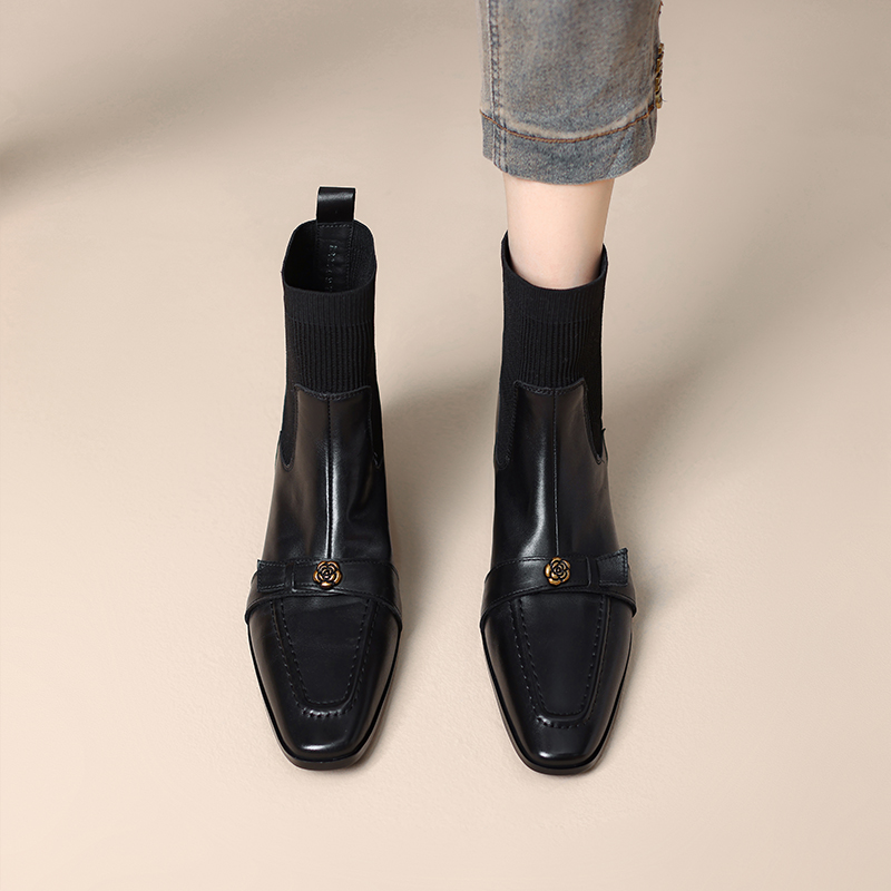 复古山茶花金属扣针织弹力袜靴女