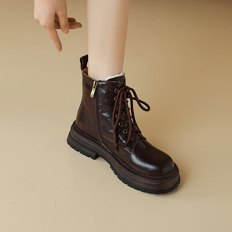 真皮短靴2025秋冬季新款厚底加绒圆头系带侧拉链中跟马丁靴女百搭