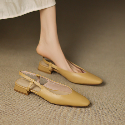 巨显脚白~真皮极简风法式方头包头后空粗低跟一脚蹬凉鞋女夏新款