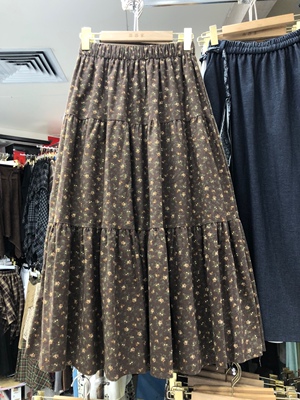 日系复古磨毛小碎花蛋糕裙长裙