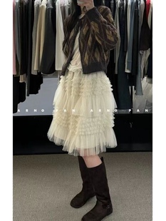 少女中裙温柔高级感灰米色纱裙韩国小众设计重工荷叶边网纱半身裙