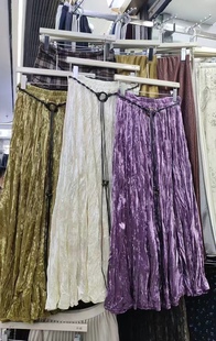 秋季 韩系气质百搭褶皱大裙摆高腰显瘦垂感丝绒半身裙松紧腰长裙子