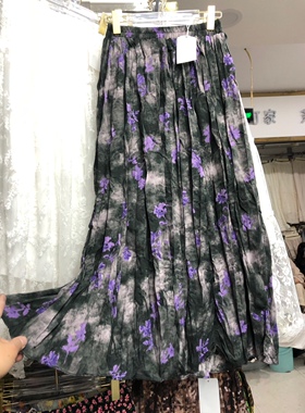 高级感灰紫色晕染压褶碎花半身裙女复古小众百搭显瘦百褶中长裙子