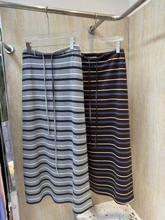 韩系撞色条纹抽绳半身裙女夏季 慵懒风宽松显瘦休闲a字直筒长裙子