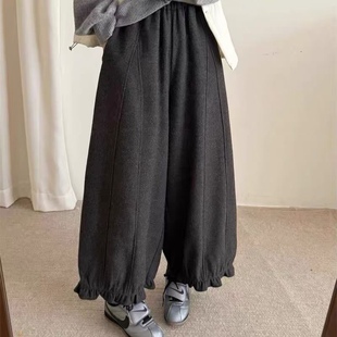 新款 休闲9分长裤 毛呢花苞款 高腰羊毛呢阔腿裤 子女 式 2025秋冬季