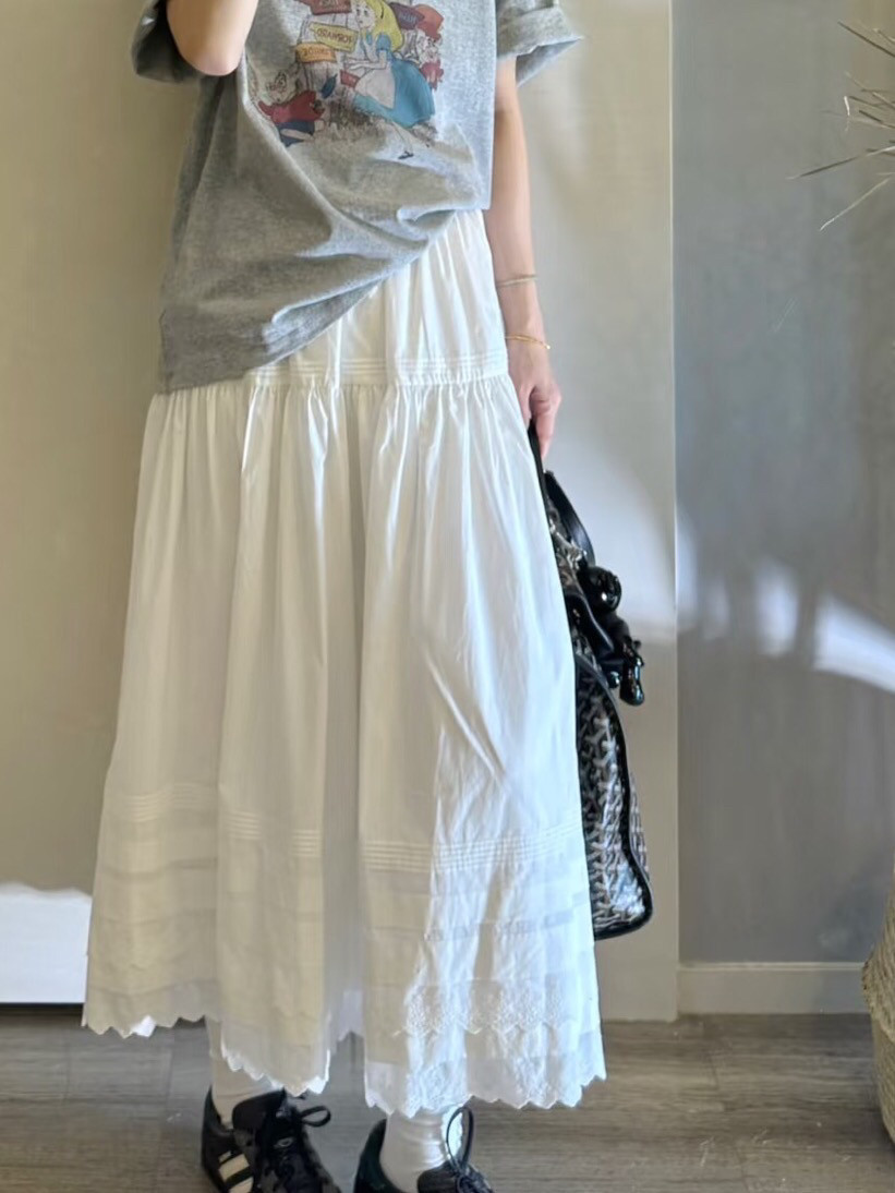 小白裙 白色褶皱花边半身裙女松紧高腰显瘦夏季韩版小个子A字长裙