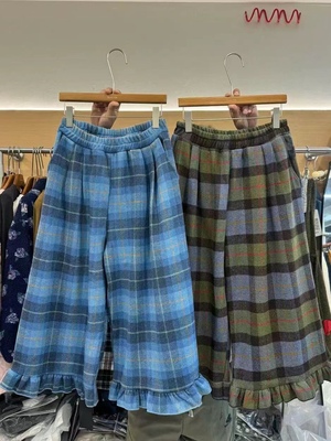 花边毛呢格子裤阔腿裤
