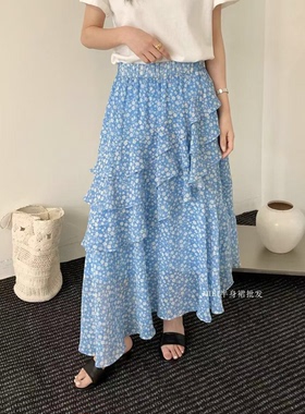甜美风蓝色休闲碎花半身裙女春夏季新款a字裙不规则下摆蛋糕裙子