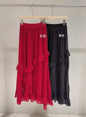 红色波点半身裙女夏开叉大摆长裙