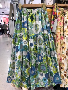向日葵水墨油画印花半身裙女时尚减龄棉质碎花两截拼接A字伞裙子