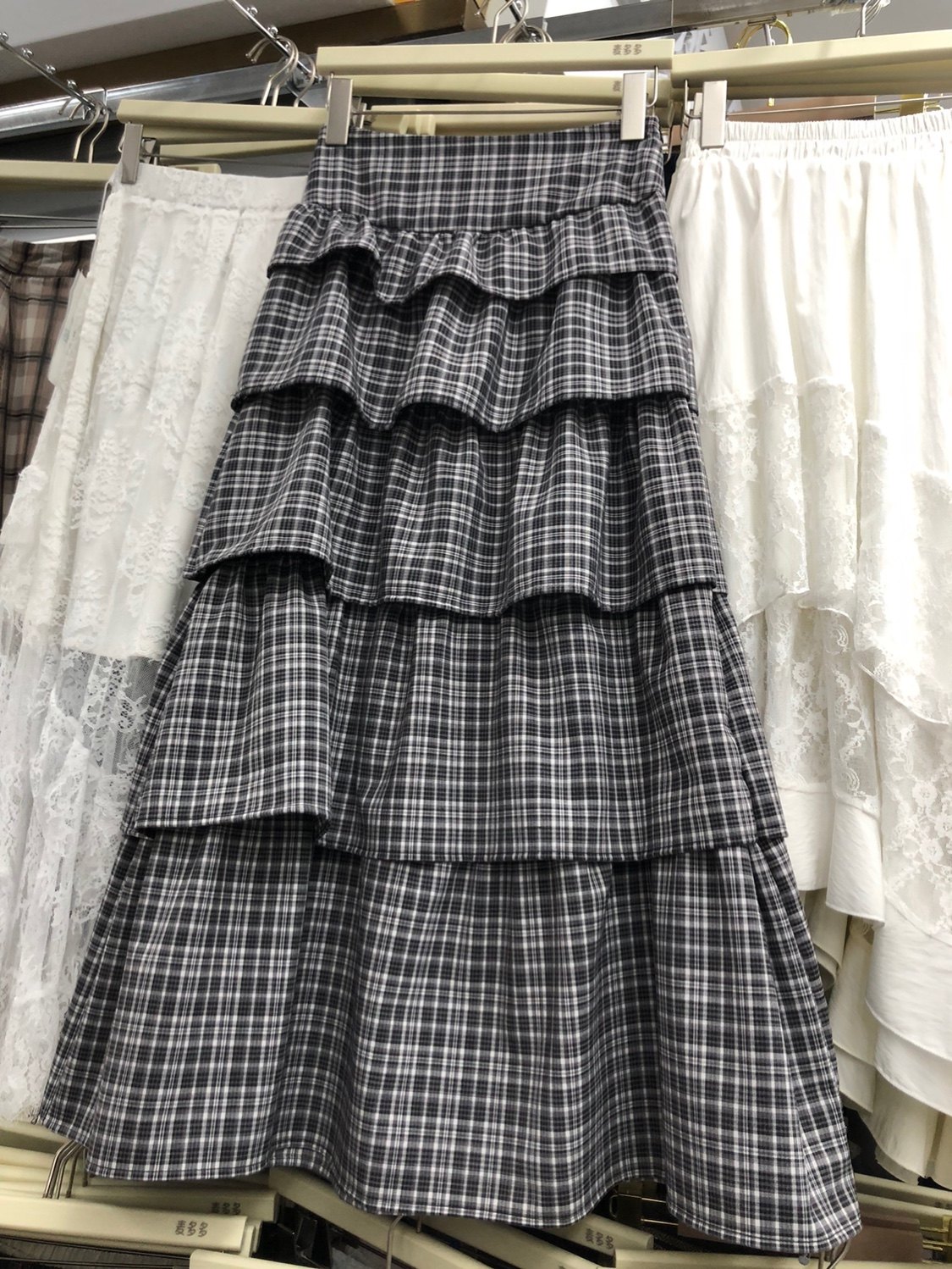 格子半身裙荷叶边褶皱层层蛋糕裙