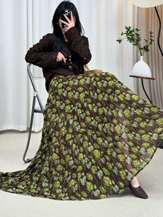 显瘦褶皱高腰A字中长大摆裙 碎花半身裙女2026新款 春日绿野 法式