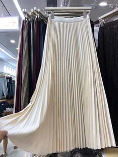 秋款百褶裙杏白色半身裙女高腰显瘦设计感半裙气质a字裙垂感长裙