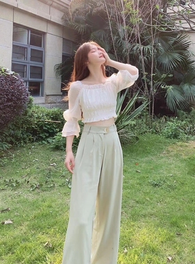 艾丽轩女装广州UUS店春夏薄款甜美清凉高腰垂坠面料阔腿裤长裤