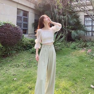艾丽轩女装广州UUS店春夏薄款甜美清凉高腰垂坠面料阔腿裤长裤